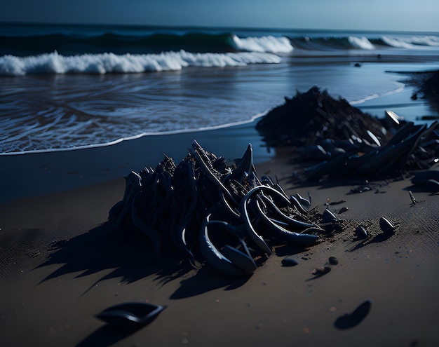 Eine Strandszene mit vielen Felsen und dem Meer im Hintergrund.