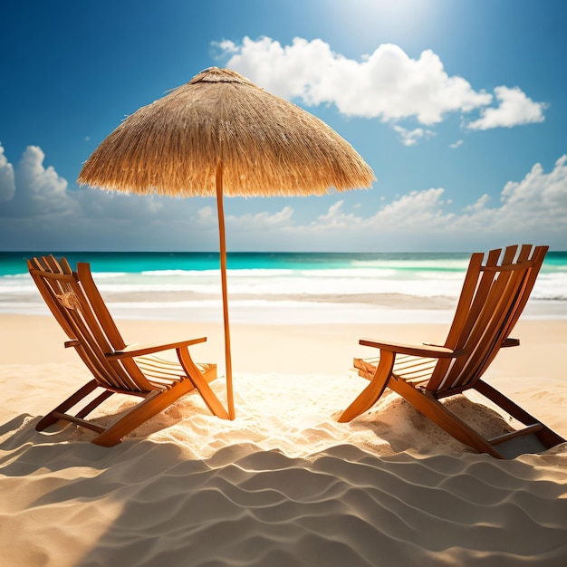 Eine Strandszene mit zwei Stühlen und einem Sonnenschirm.
