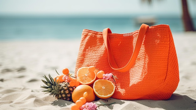 Eine Strandtasche mit Orangen und Ananas