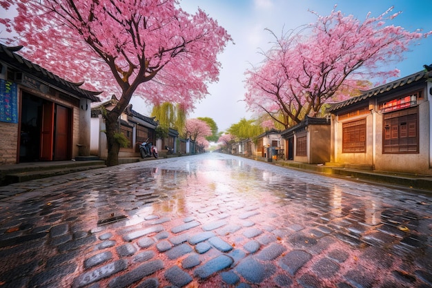 Eine Straße an einem regnerischen Tag mit rosa Blumen