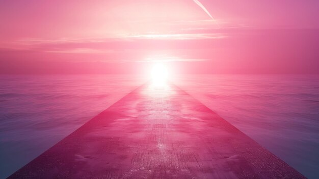 Eine Straße, die im Sonnenuntergang gebadet ist Ein surrealistisches Bild, in dem sich eine scheinbar unendliche Straße in das leuchtende Herz eines rosa Sonnenuntergangs erstreckt, das die Richtung der Hoffnung und die unbekannte Reise vor sich symbolisiert