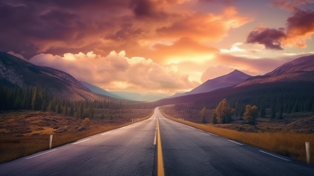 Eine Straße, die zu einem Berg mit einem bewölkten Himmel im Hintergrund führt