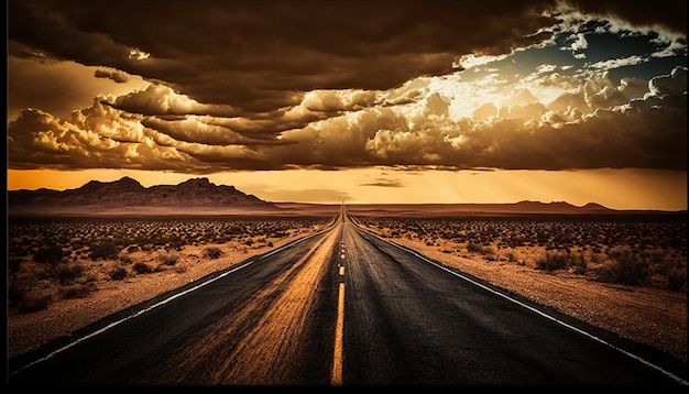 Eine Straße, die zu einer Wüste mit einem bewölkten Himmel im Hintergrund führt