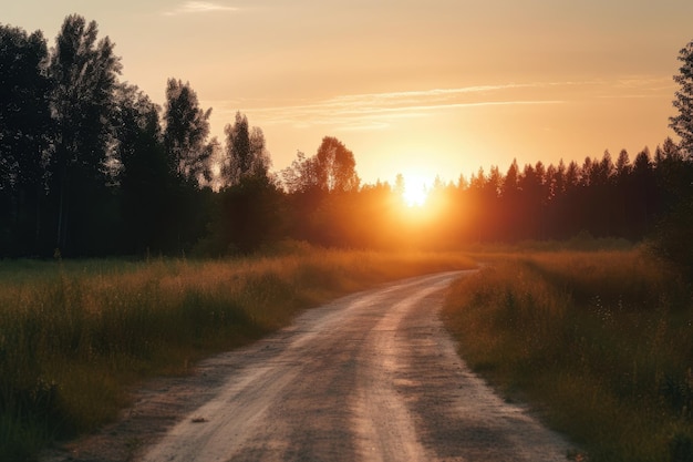 Eine Straße, die zum Horizont führt, hinter der die Sonne untergeht