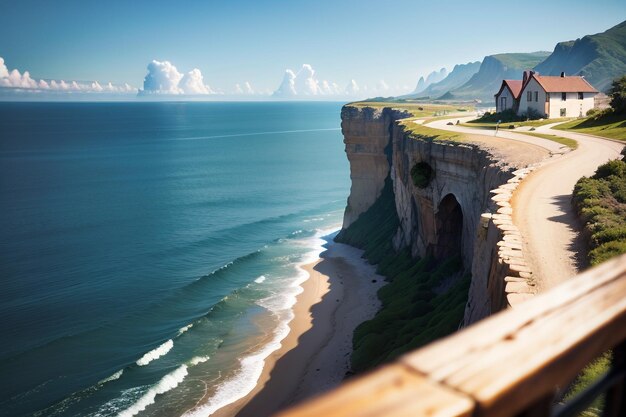 Eine Straße, die zum Meer führt, mit einer Klippe im Hintergrund