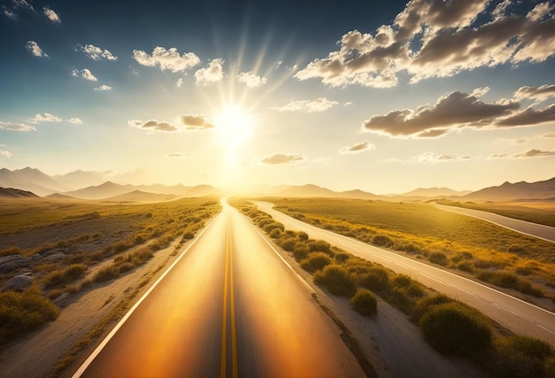 Eine Straße, die zur Sonne führt, mit einem hellen Himmel im Hintergrund