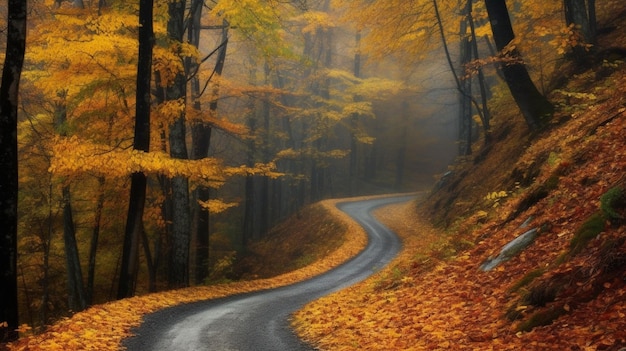 Eine Straße durch einen Wald mit orangefarbenen Blättern auf dem Boden und einem gelbblättrigen Baum.