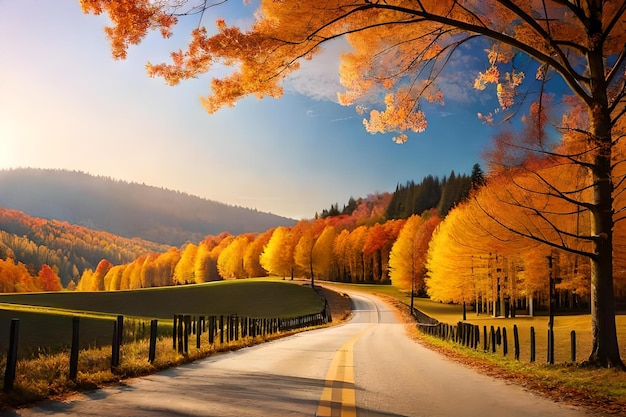 Eine Straße im Herbstwald mit einer von gelben Bäumen gesäumten Straße.