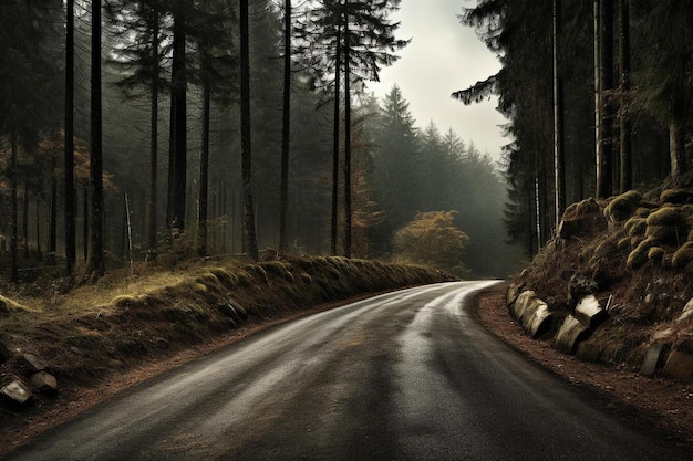 Eine Straße im Wald, auf der ein Auto fährt