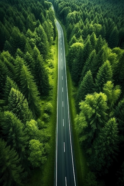 Eine Straße im Wald mit einem grünen Wald im Hintergrund.