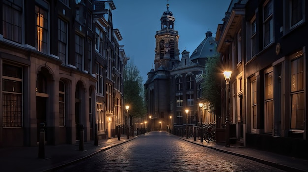 Eine Straße in Amsterdam bei Nacht mit einem Glockenturm auf der linken Seite.