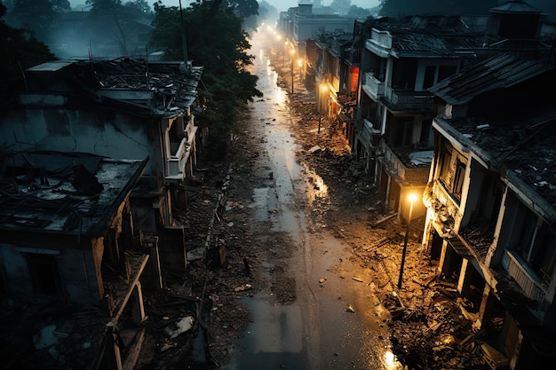 eine Straße in der Mitte einer Stadt bei Nacht mit Gebäuden und Trümmern, die überall auf dem Boden verstreut sind