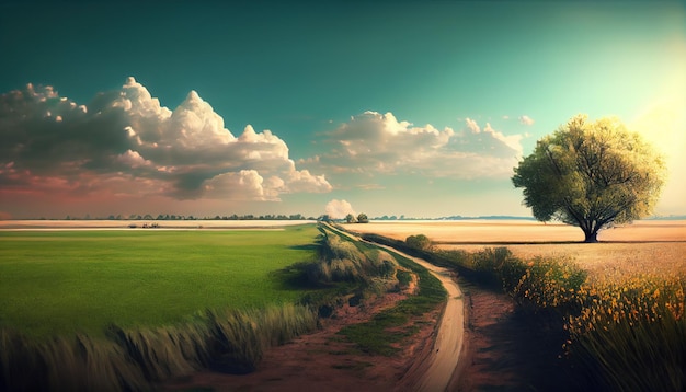 Eine Straße in einem Feld mit einem Baum auf der rechten Seite