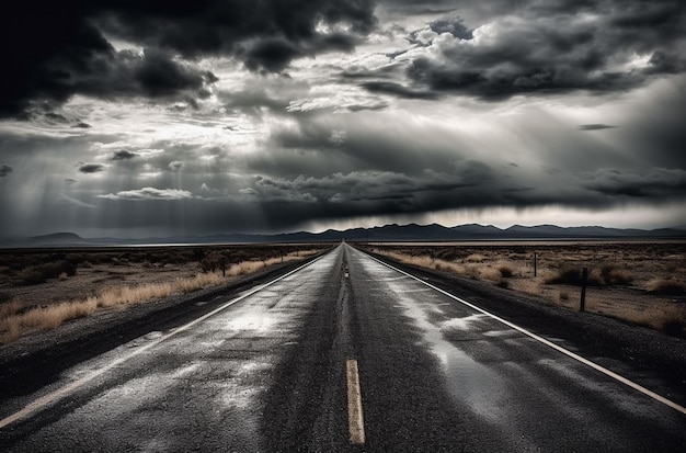 Eine Straße mit dunklem Himmel und Wolken