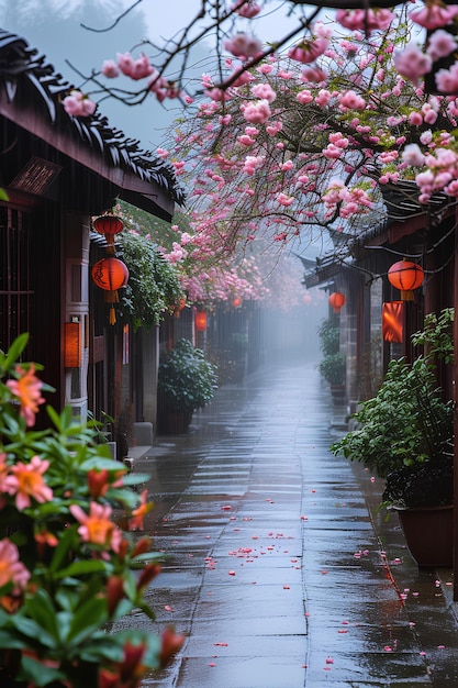 Eine Straße mit einem Bündel rosa Blumen