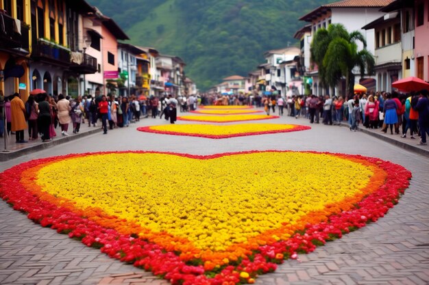 Eine Straße mit einem herzförmigen Blumenbeet darauf