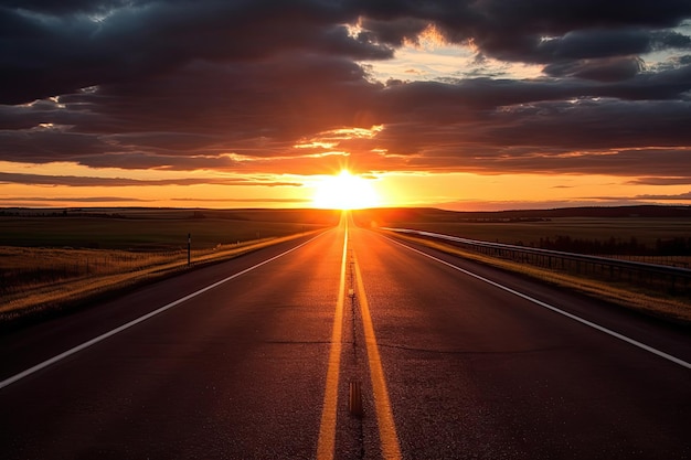 Eine Straße mit einem Sonnenuntergang im Hintergrund