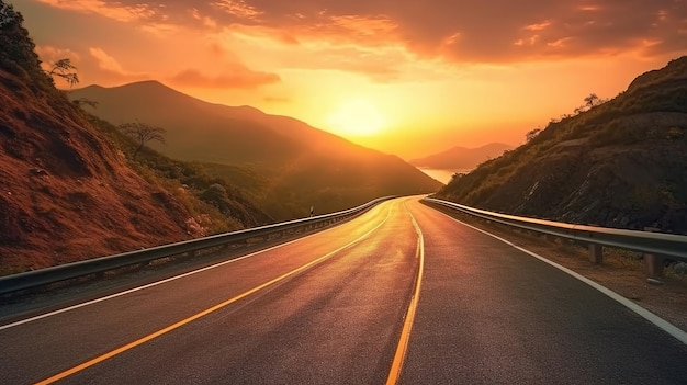 Eine Straße mit einem Sonnenuntergang im Hintergrund