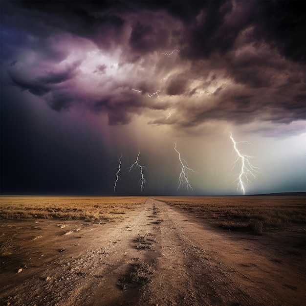 Foto eine straße mit einem sturm darauf und ein lila himmel mit blitzen.