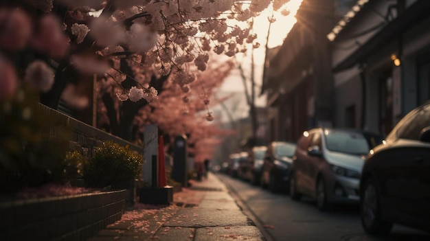 Eine Straße mit einem von Bäumen gesäumten Bürgersteig und einem Bürgersteig mit rosa Kirschblüten.