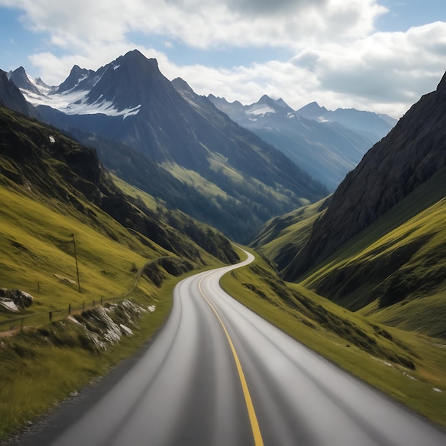 eine Straße mit einer gelben Linie, auf der ein Berg steht