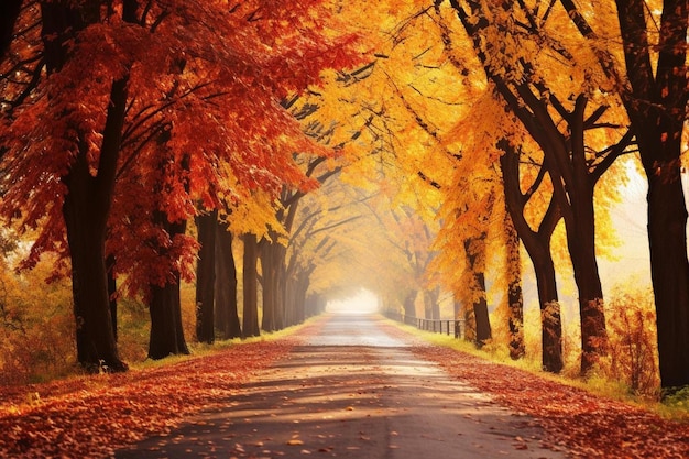 eine Straße mit Herbstblättern auf dem Boden