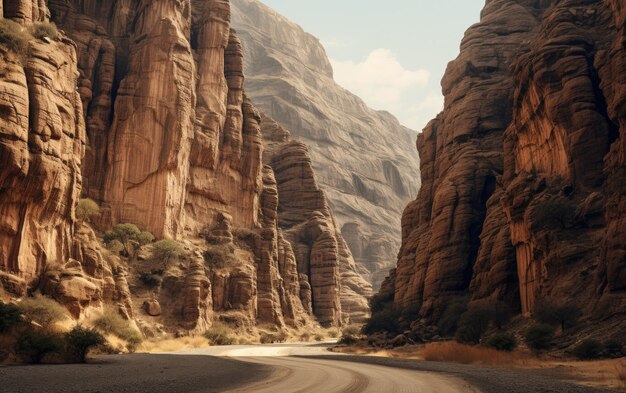 Foto eine straße mit hohen felsen, die eine atemberaubende landschaft schaffen