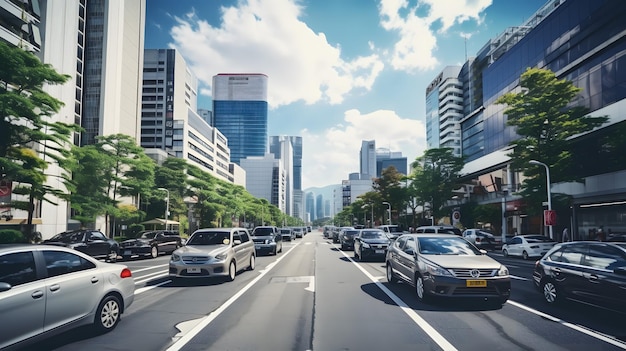 Eine Straße mit viel Verkehr neben hohen Gebäuden Generative KI