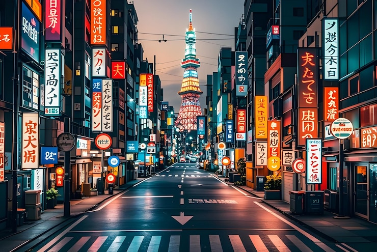 Foto eine straße mit vielen schildern und einem schild mit der aufschrift tokyo