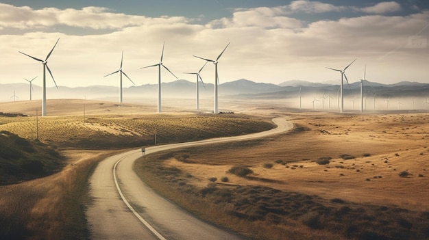 Eine Straße mit Windkraftanlagen in der Ferne