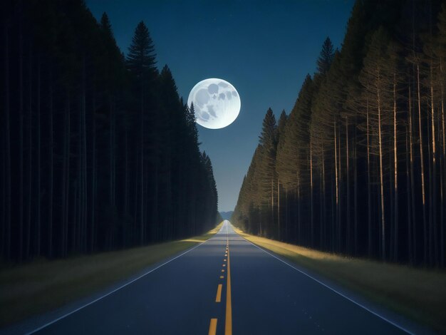 Eine Straße mitten in einem Feld mit Bäumen und einem Mond ai erzeugt