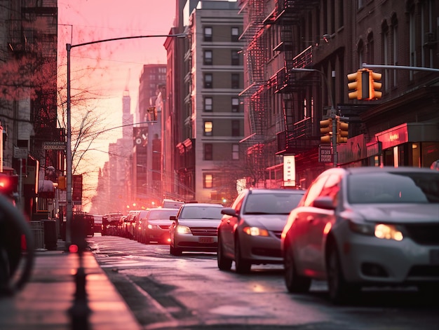 eine Straßenszene mit auf der Straße geparkten Autos und einem rosa Himmel im Hintergrund