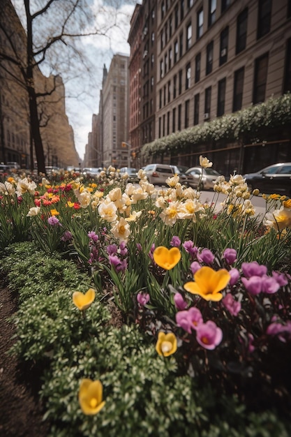Eine Straßenszene mit einem Blumenbeet und einer Straße voller Blumen.