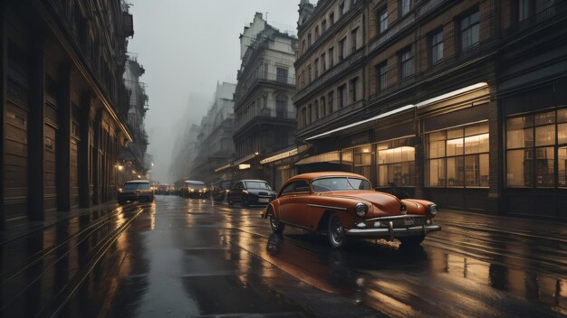 Eine Straßenszene mit einem roten Auto im Regen