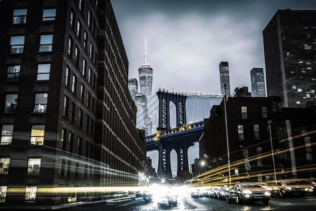 Eine Straßenszene mit einer Brücke und dem Wort Brooklyn darauf