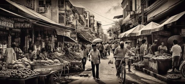 Eine Straßenszene mit gehenden Menschen und einem Markt mit einem Schild mit der Aufschrift „Ich liebe Vietnam“.