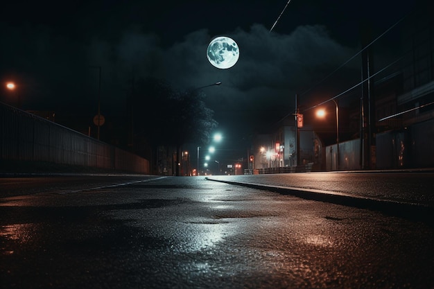 Eine Straßenszene mit Vollmond im Hintergrund