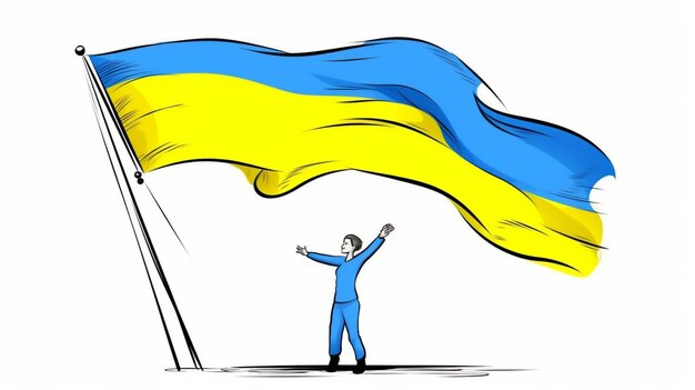 Eine Strichzeichnung einer Person, die eine Flagge der Ukraine hält