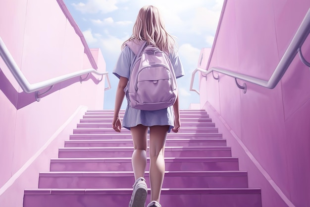 Eine Studentin in weißen Strumpfhosen und Schuhen sitzt mit einem rosa Rucksack auf der Treppe