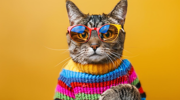 Eine Studioaufnahme einer Katze, die Sonnenbrille und einen bunten Pullover gegen einen gelben Hintergrund trägt