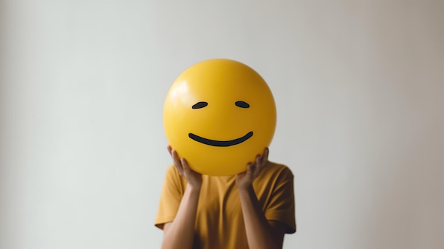 Eine Studioaufnahme einer Person, die ein Emoji-Gesicht auf ihrem Gesicht hält