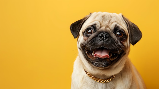 Eine Studioaufnahme eines entzückenden Mops mit einer goldenen Halskette auf einem gelben Hintergrund