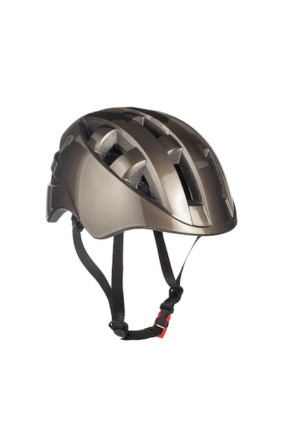 Eine Studioaufnahme eines grauen Helms für Radfahrer, isoliert auf weißem Hintergrund