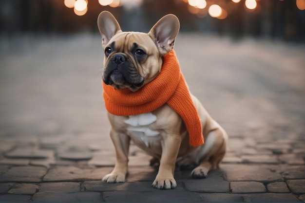 Eine süße französische Bulldogge mit orangefarbenem Schal steht auf der Straße