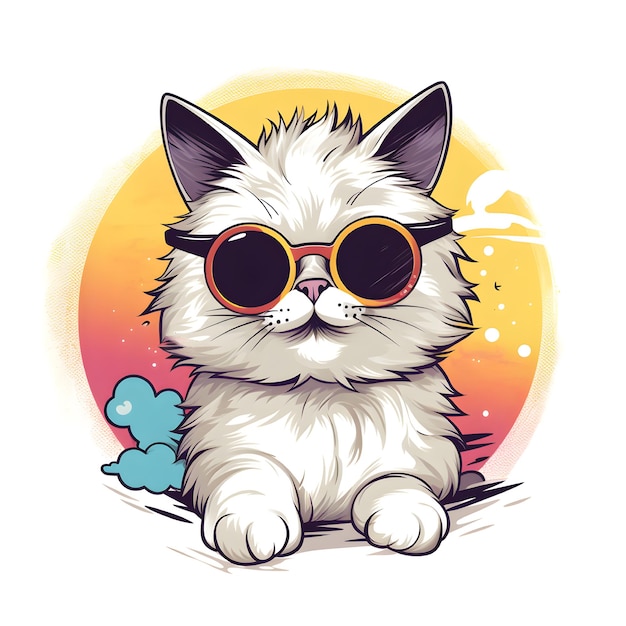 Eine süße, glückliche Katze mit einem T-Shirt-Design mit Sonnenbrille