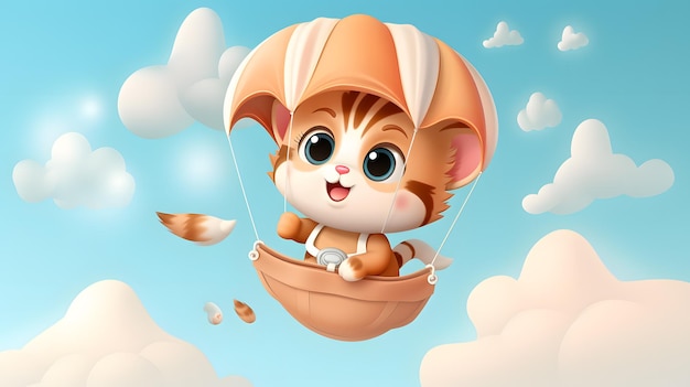 Eine süße Katze fliegt mit einem Fallschirm in einem Zeichentrickfilm