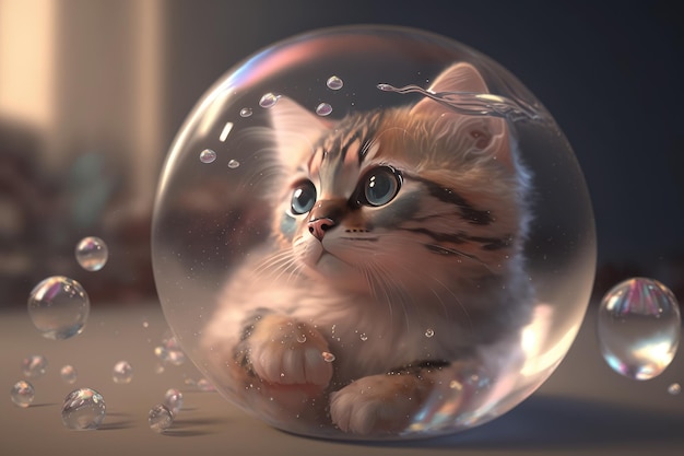 Eine süße Katze im japanischen Anime-Stil in Seifenblase