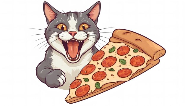 Foto eine süße katze isst ein stück pizza, das von einem zeichentrickfilm generiert wurde