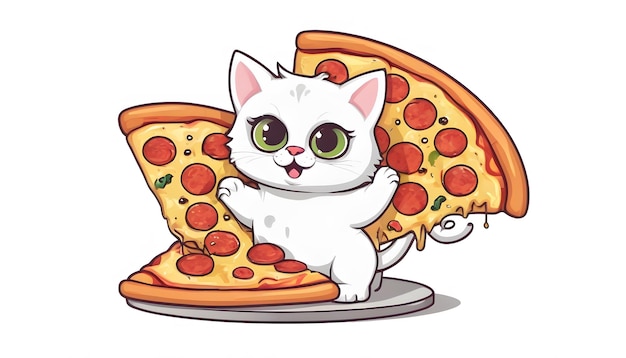 Eine süße Katze isst ein Stück Pizza, das von einem Zeichentrickfilm generiert wurde