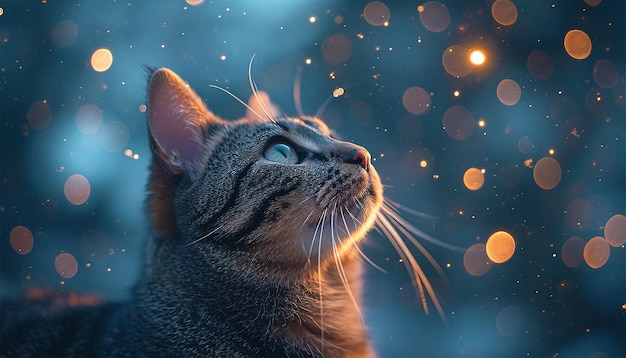 Eine süße Katze schaut nach draußen in den sternenfrohen Himmel, ein süßes Kätzchen, magisches Funkeln, sternenfarbenes Leuchten.